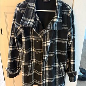 Ike Behar Black and White Checkered Pea Coat